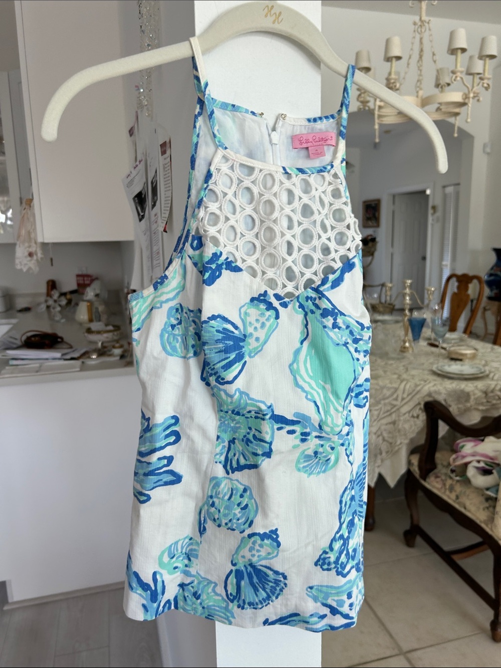 Lilly Pulitzer White Blue Seafoam Eyelet Halter Top